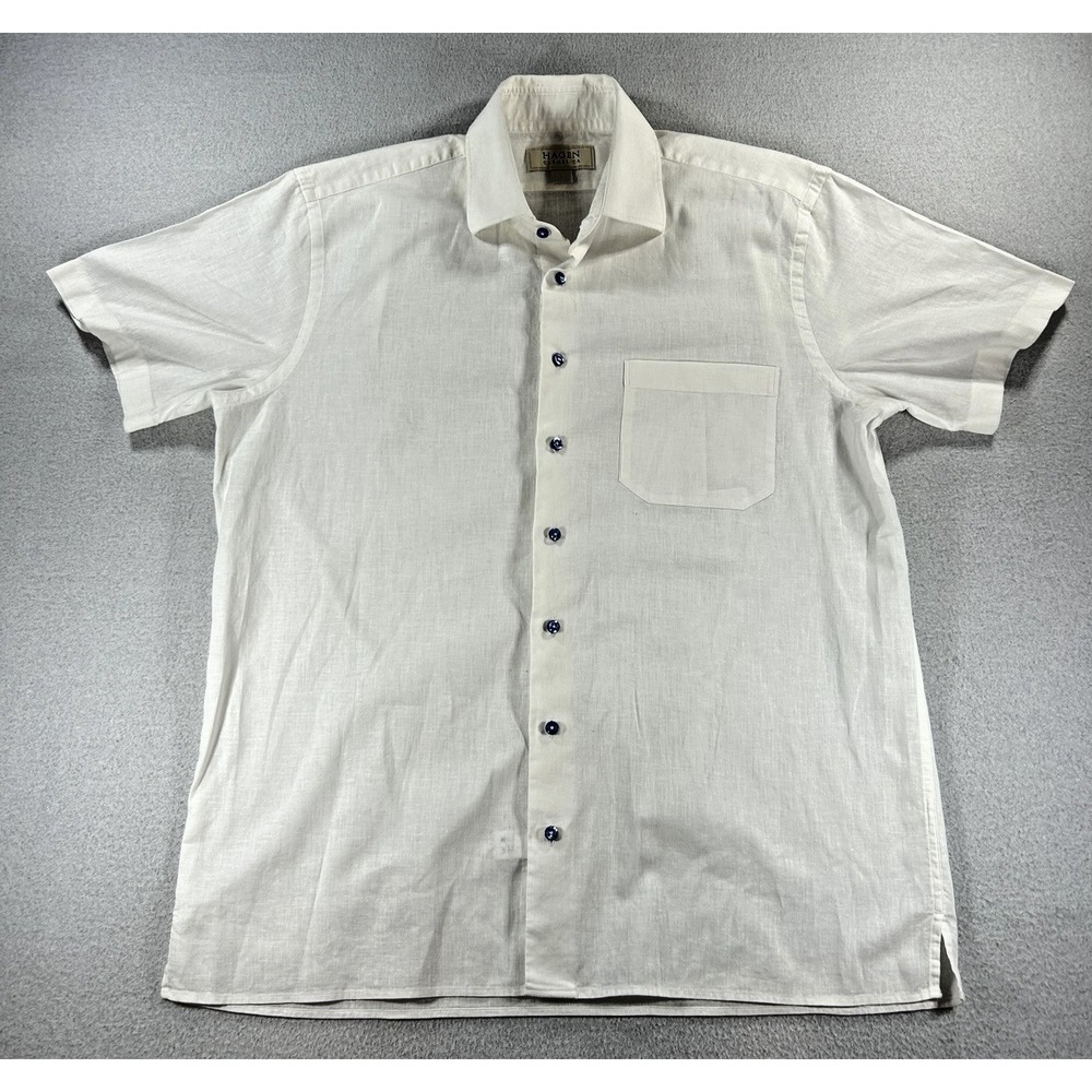 Hagen Carmel CA Men's White Linen Button Down Shirt Short Sleeve Size LARGE